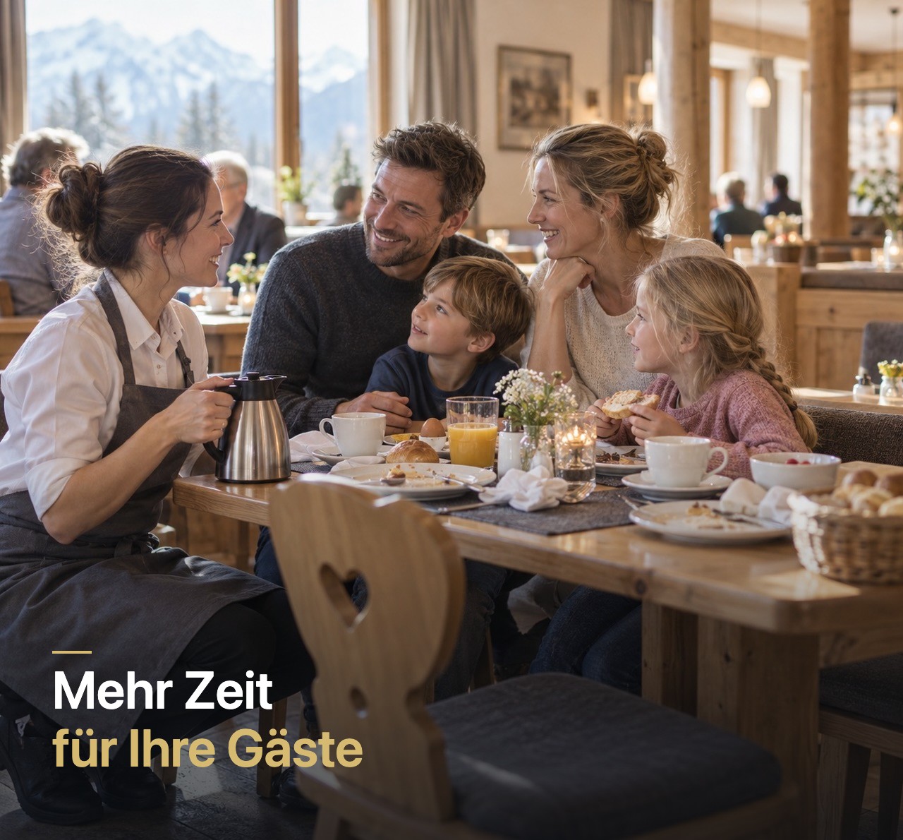 Hotel employee speaking with a guest family at breakfast