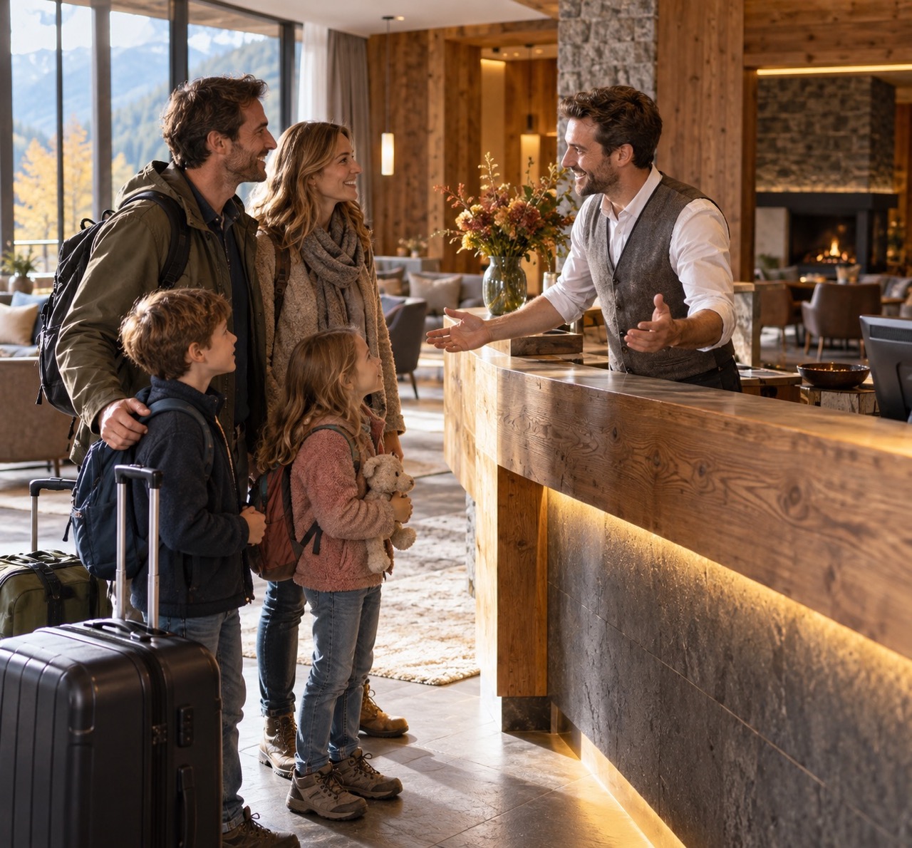 Receptionist greeting an arriving family at reception
