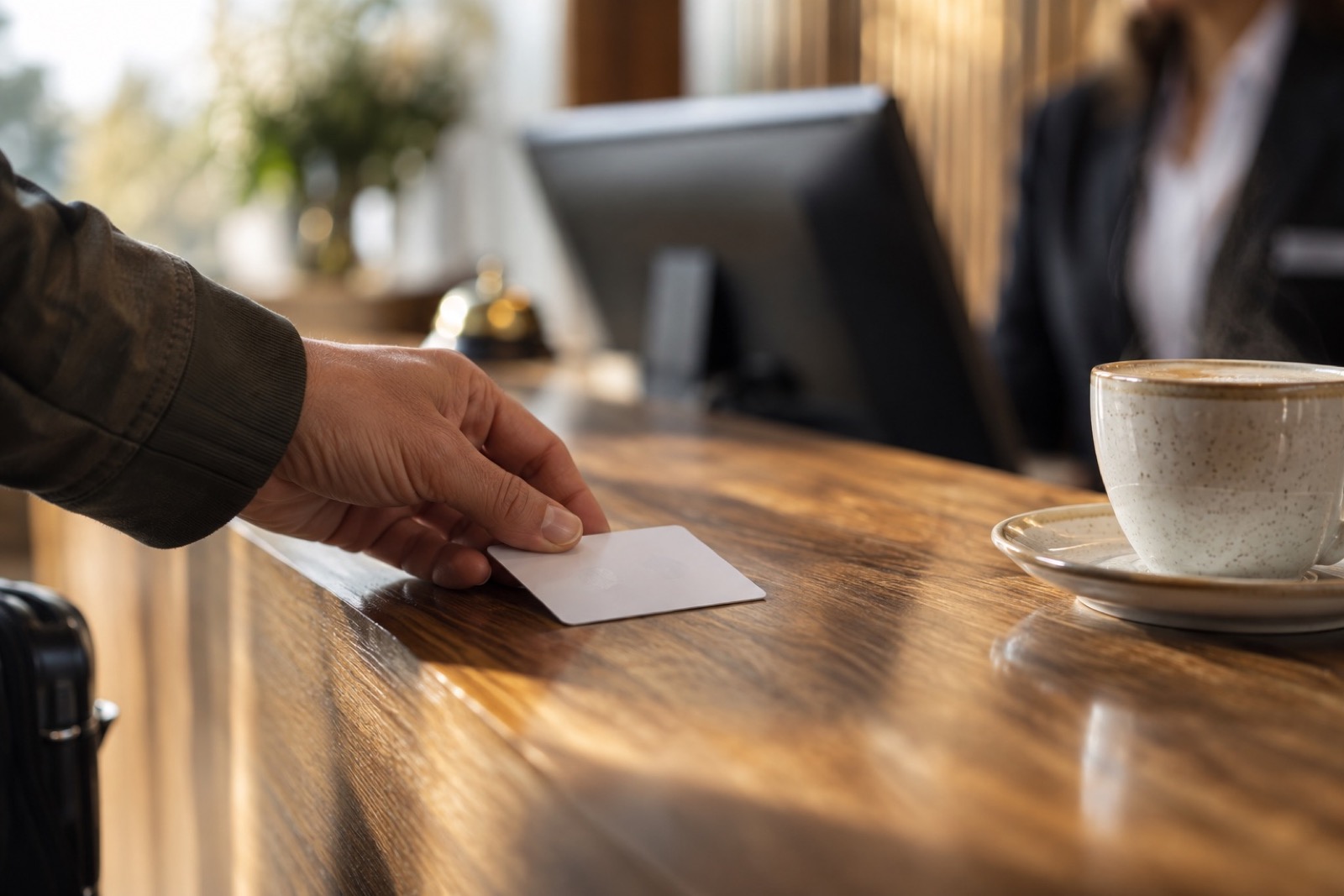 Schlüsselkarte und Kaffeetasse an der Rezeption