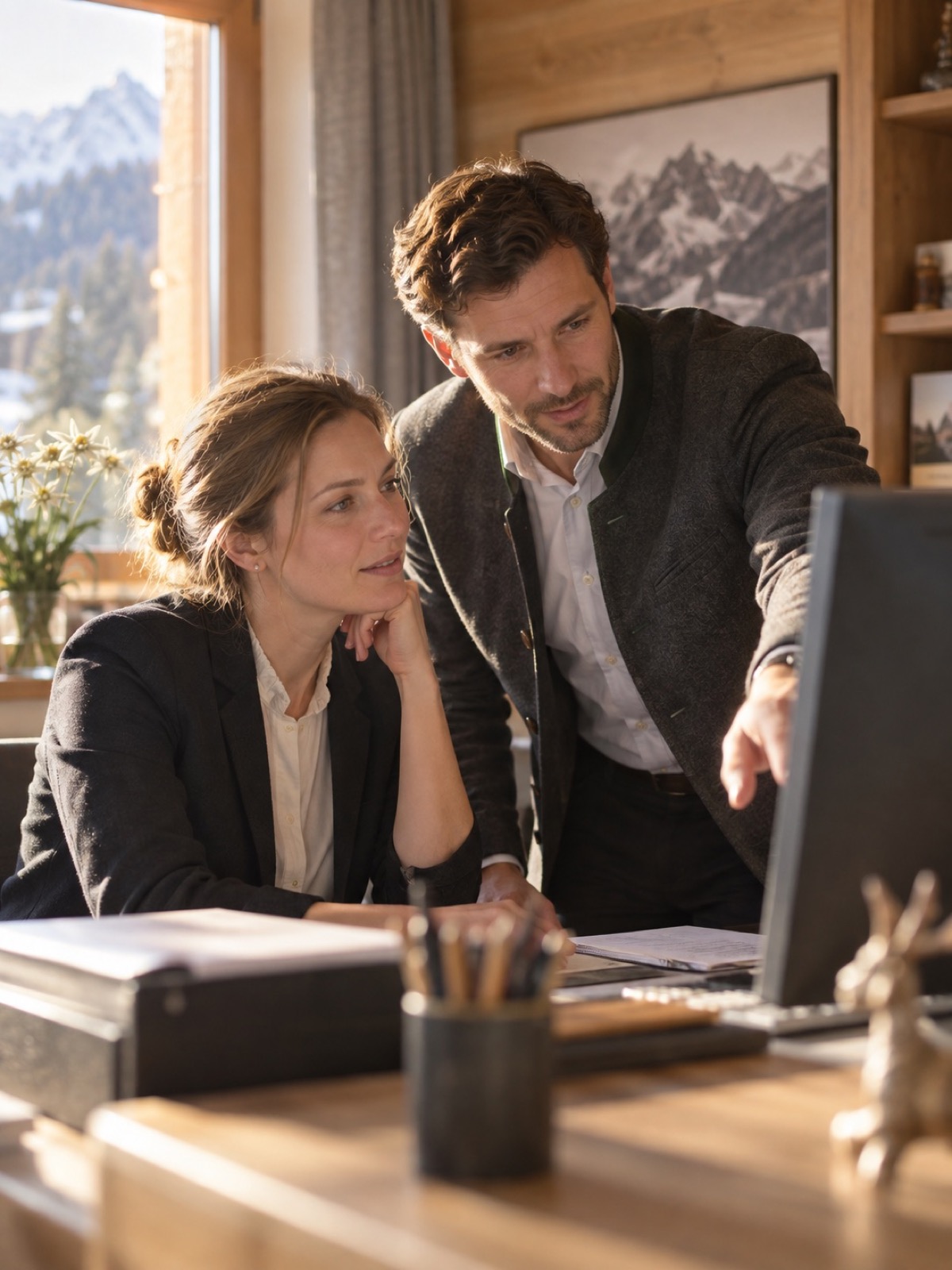 Hotel management reviewing KPIs on screen