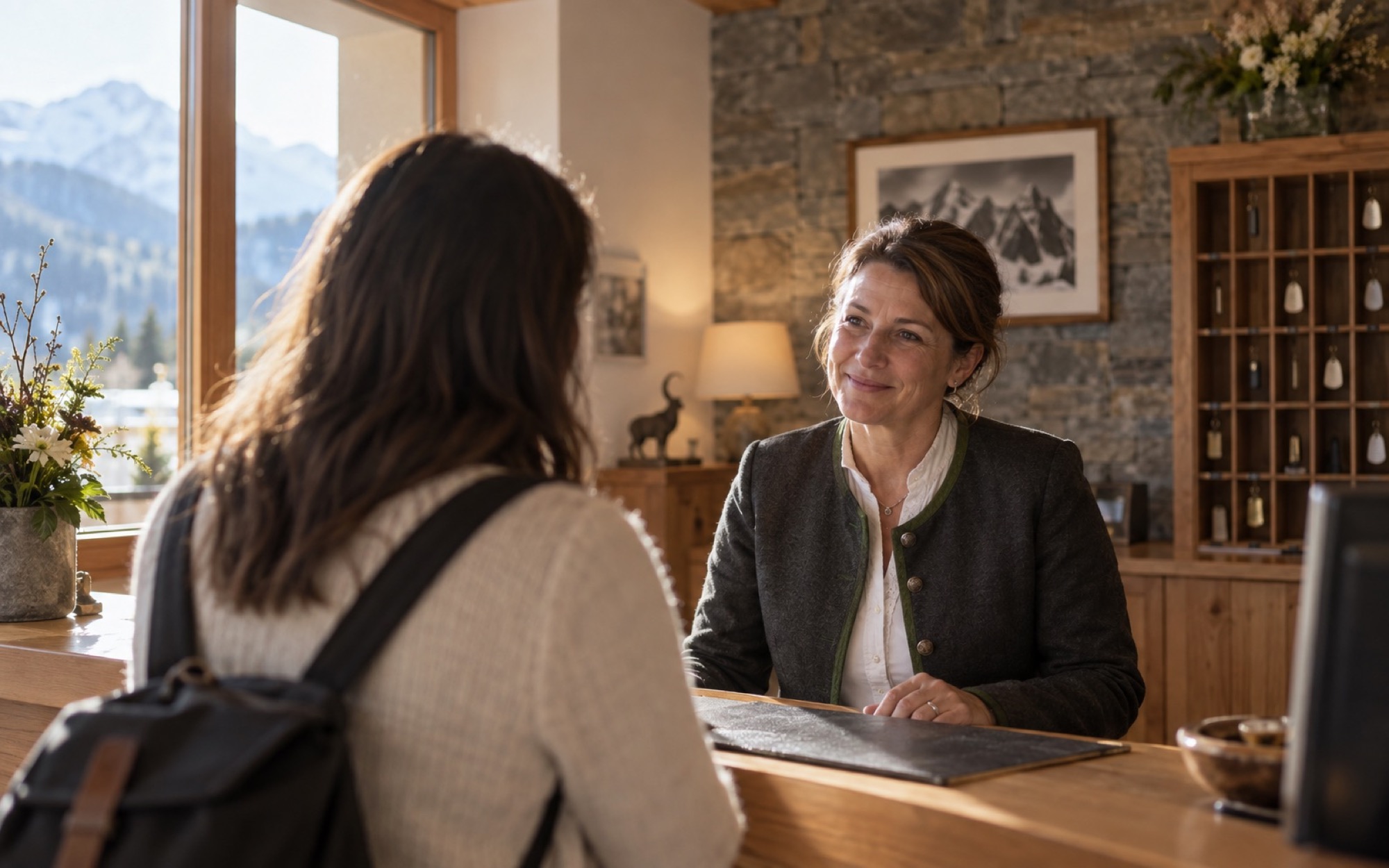 Hotel reception, employee speaking with a guest