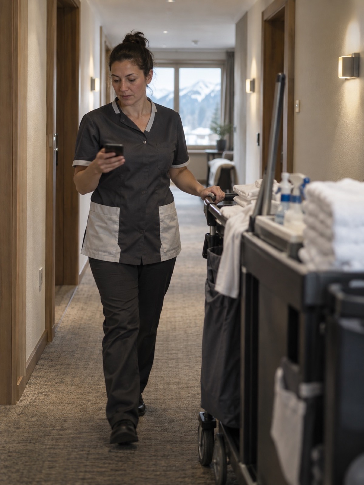 Housekeeping in a hotel corridor with a mobile device