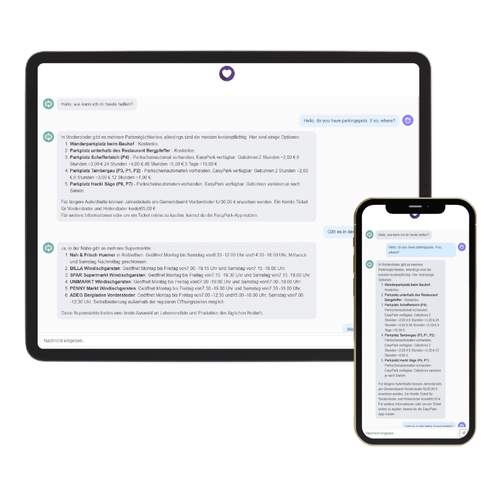 iButler Chatbot auf Tablet und Smartphone mit Beispielkonversation zu Parkplätzen und Supermärkten