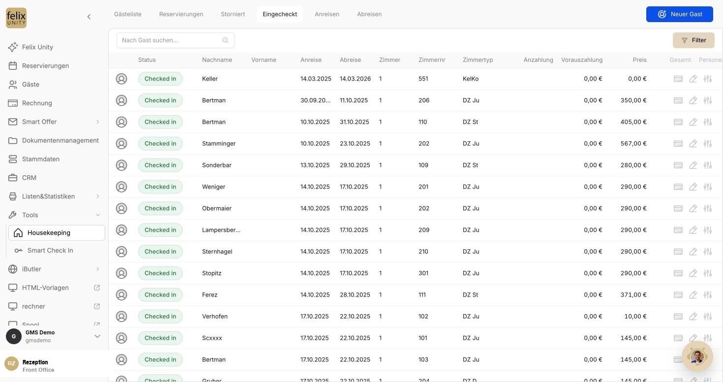 Housekeeping-Tool in felixUnity: Gästeliste mit Status Checked in, Zimmer, Zimmertyp und Preis