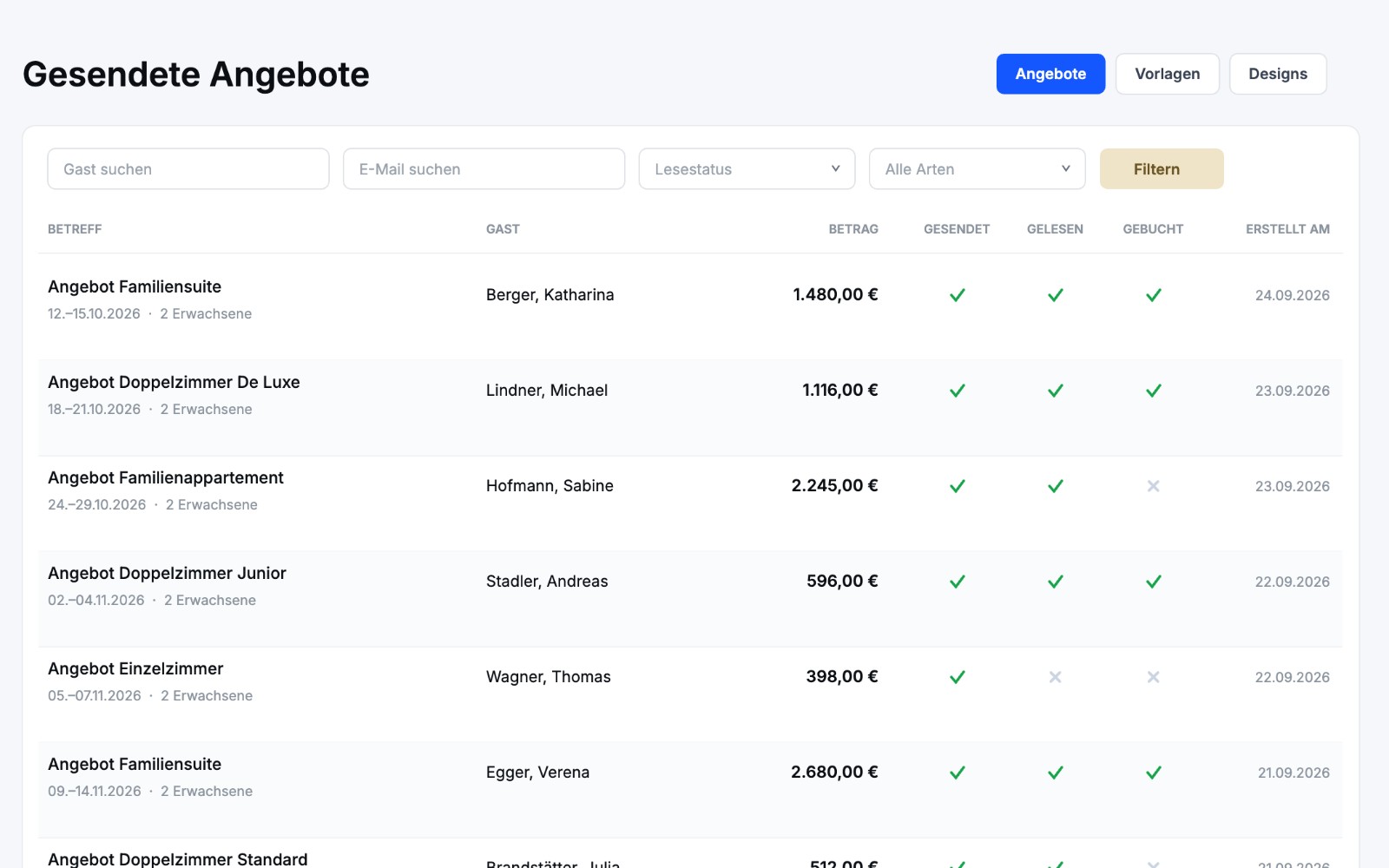 List of sent offers with guest, amount and status